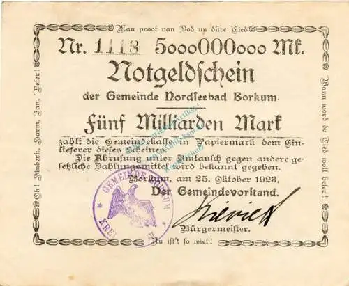 Borkum , Banknote 5 Milliarden Mark , L-gbr. Keller 535... Niedersachsen 1923 Inflation