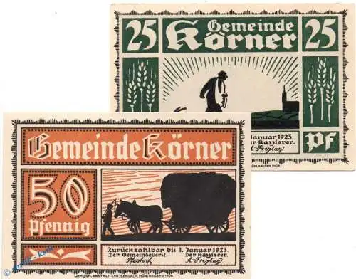 Notgeld Körner , Set mit 2 Scheinen in kfr. Mehl Grabowski 733.1 , von 1922 , Thüringen Seriennotgeld