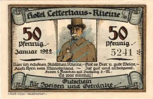 Rheine , Notgeld 50 Pfennig Schein unc-kfr. M-G 1351.1 , Westfalen 1922 Seriennotgeld