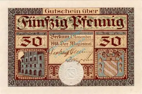 Beckum , Notgeld 50 Pfennig Schein in kfr-unc Ti.0370.10.05 , Westfalen 1918 Verkehrsausgabe