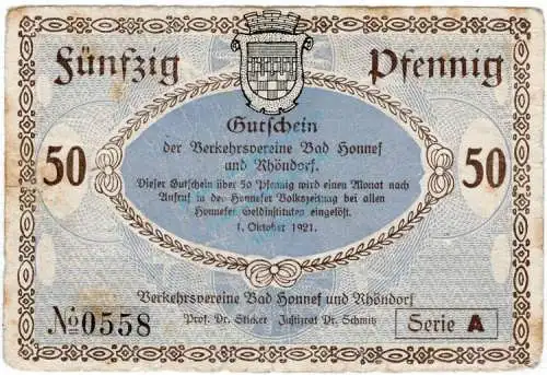 Honnef , Notgeld 50 Pfennig Schein in gbr. Tieste 3135.05.01 , Rheinland 1921 Verkehrsausgabe