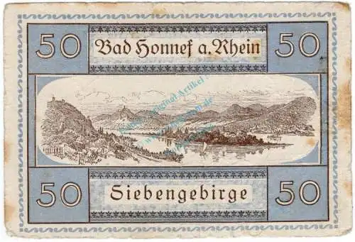 Honnef , Notgeld 50 Pfennig Schein in gbr. Tieste 3135.05.01 , Rheinland 1921 Verkehrsausgabe