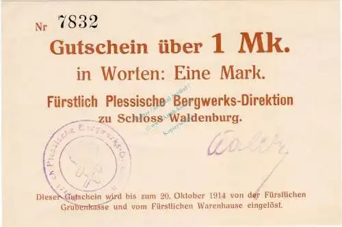 Waldenburg , Notgeld 1 Mark Schein in unc-kfr. Diessner 415.II.5 , Schlesien o.D. Notgeld 1914-15