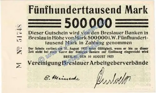 Breslau , Banknote 500.000 Mark Schein in kfr. Keller 608.a-b Schlesien 1923 Grossnotgeld Inflation