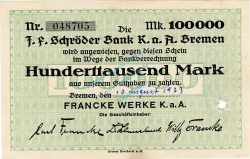 Bremen , Banknote 100.000 Mark Schein unc-kfr. Keller 585.b , Niedersachsen 1923 Inflation