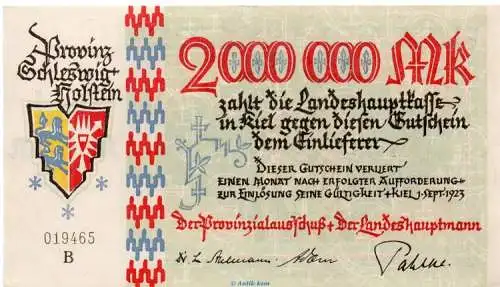 Banknote Provinzialausschuss Kiel 2 Millionen Mark Schein in kfr. Keller 4977.a , von 1923 Schleswig Holstein Großnotgeld Inflation