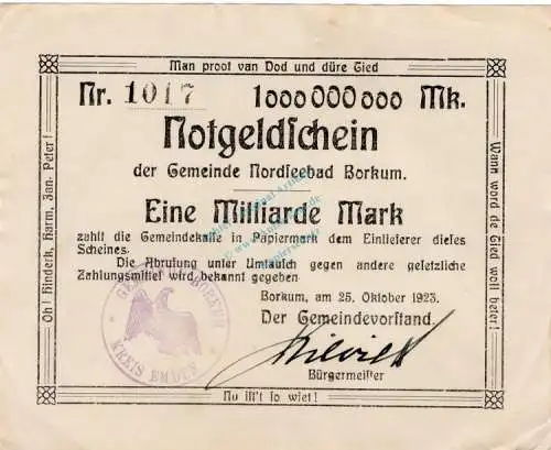 Borkum , Banknote 1 Milliarde Mark -B- L-gbr. Keller 535... Niedersachsen 1923 Inflation