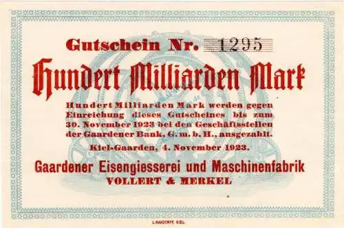 Kiel-Gaarden , Banknote 100 Milliarden Mark Schein unc-kfr. Keller 2639 , Schleswig Holstein 1923 Inflation