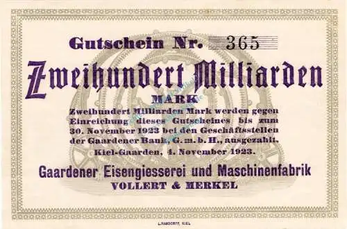 Kiel-Gaarden , Banknote 200 Milliarden Mark Schein unc-kfr. Keller 2639 , Schleswig Holstein 1923 Inflation