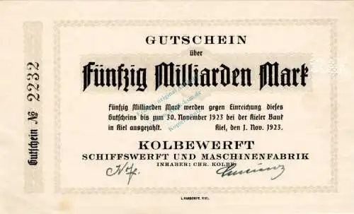 Kiel , Banknote 50 Milliarden -Winterwellen- unc-kfr. Keller 2626.a , Schleswig Holstein 1923 Inflation