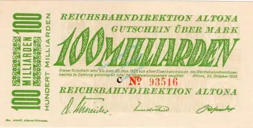 Altona , Banknote 100 Milliarden Mark Schein unc-kfr. Keller 80.m , Schleswig Holstein 1923 Inflation