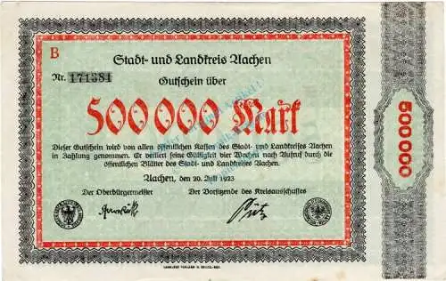 Aachen , Banknote 500.000 Mark Schein unc-kfr. Keller 1.b , Rheinland 1923 Inflation