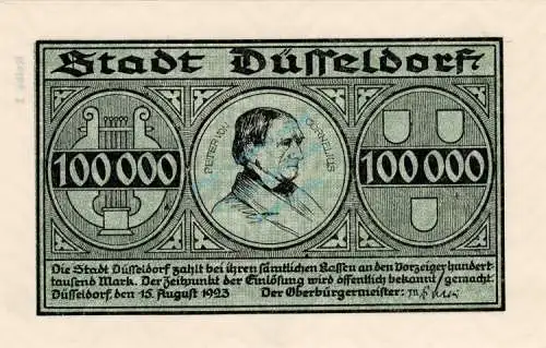 Düsseldorf , Banknote 100.000 Mark unc-kfr. Keller 1150.a , Rheinland 1923 Inflation