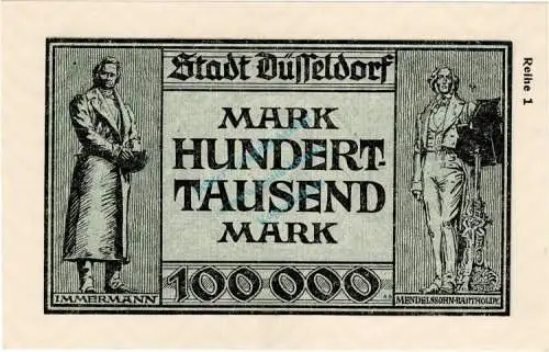 Düsseldorf , Banknote 100.000 Mark unc-kfr. Keller 1150.a , Rheinland 1923 Inflation