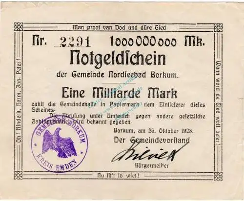 Borkum , Banknote 1 Milliarde Mark -C- L-gbr. Keller 535... Niedersachsen 1923 Inflation