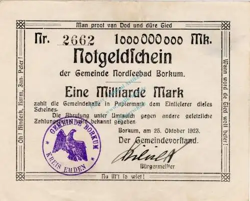 Borkum , Banknote 1 Milliarde Mark gbr. Keller 535... Niedersachsen 1923 Inflation