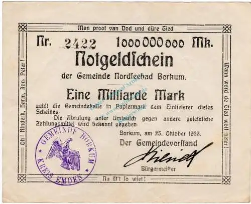 Borkum , Banknote 1 Milliarde Mark -B- gbr. Keller 535... Niedersachsen 1923 Inflation