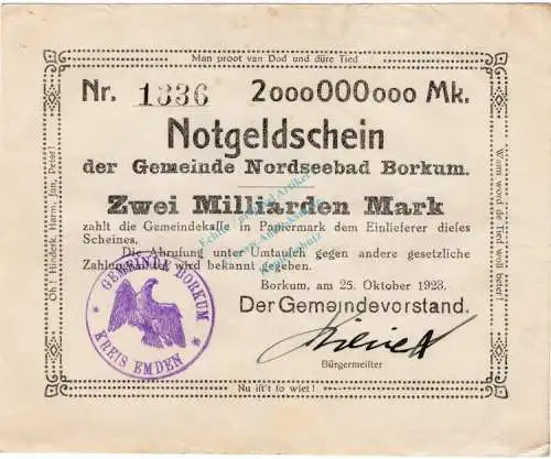 Borkum , Banknote 2 Milliarden Mark -B- gbr. Keller 535... Niedersachsen 1923 Inflation