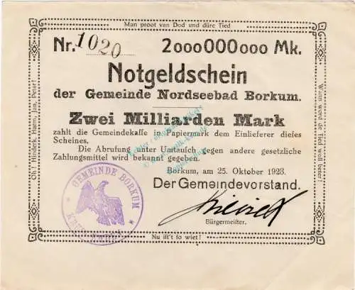 Borkum , Banknote 2 Milliarden Mark -B- L-gbr. Keller 535... Niedersachsen 1923 Inflation