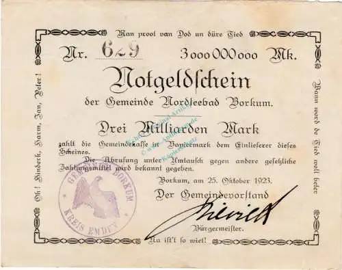 Borkum , Banknote 3 Milliarden Mark -B- L-gbr. Keller 535... Niedersachsen 1923 Inflation