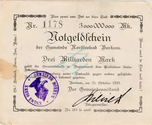 Borkum , Banknote 3 Milliarden Mark -C- L-gbr. Keller 535... Niedersachsen 1923 Inflation