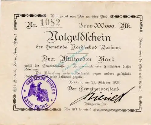 Borkum , Banknote 3 Milliarden Mark -B- gbr. Keller 535... Niedersachsen 1923 Inflation