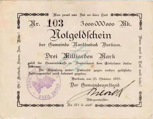 Borkum , Banknote 3 Milliarden Mark -C- gbr. Keller 535... Niedersachsen 1923 Inflation