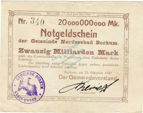 Borkum , Banknote 20 Milliarden Mark -B- gbr. Keller 535... Niedersachsen 1923 Inflation