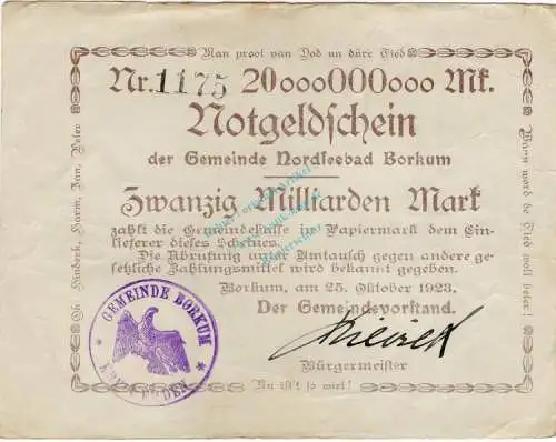 Borkum , Banknote 20 Milliarden Mark -C- gbr. Keller 535... Niedersachsen 1923 Inflation