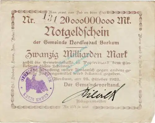 Borkum , Banknote 20 Milliarden Mark -D- gbr. Keller 535... Niedersachsen 1923 Inflation