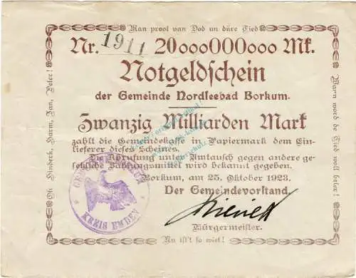 Borkum , Banknote 20 Milliarden Mark -E- gbr. Keller 535... Niedersachsen 1923 Inflation