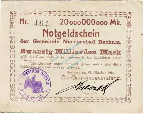 Borkum , Banknote 20 Milliarden Mark -F- gbr. Keller 535... Niedersachsen 1923 Inflation