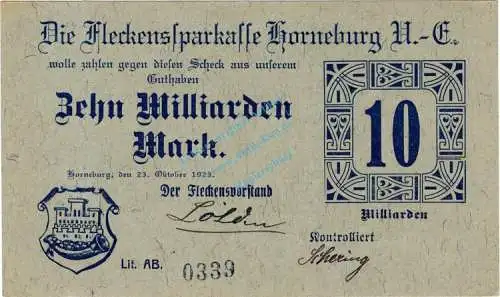 Horneburg , Banknote 10 Milliarden Mark unc-kfr. Keller 2450. Niedersachsen 1923 Inflation