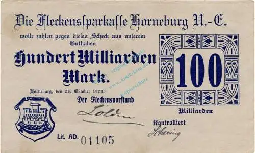 Horneburg , Banknote 100 Milliarden Mark unc-kfr. Keller 2450. Niedersachsen 1923 Inflation