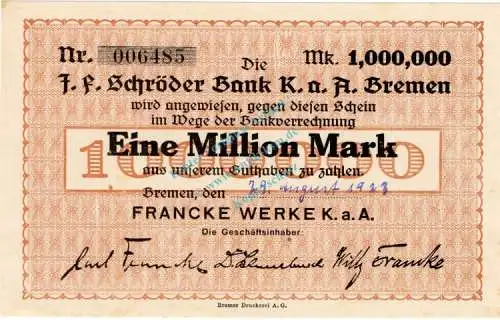 Bremen , Banknote 1 Million Mark Schein unc-kfr. Keller 585.d , Niedersachsen 1923 Inflation