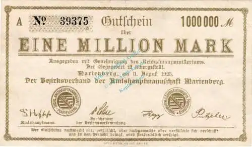 Marienberg , Banknote 1 Million Mark Schein gbr. Bühn 4870.12 , Sachsen 1923 Inflation