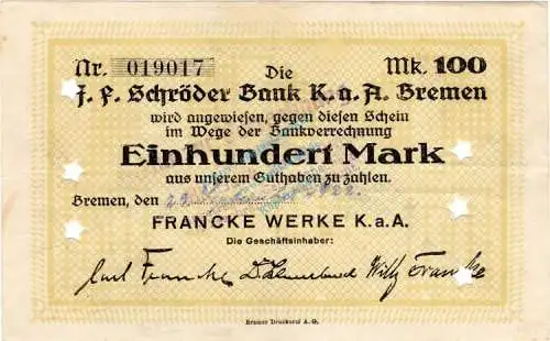 Bremen , Banknote 100 Mark Schein gbr. Müller 540.2 , Niedersachsen 1922 Inflation