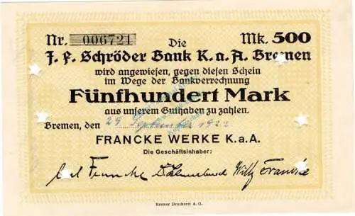 Bremen , Banknote 500 Mark Schein unc-kfr. Müller 540.3 , Niedersachsen 1922 Inflation