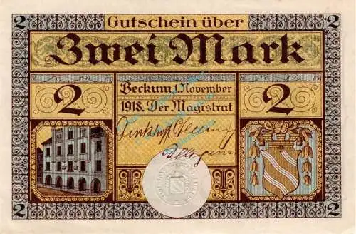 Beckum , Banknote 2 Mark Schein unc-kfr. Geiger 035.04.c-d , Westfalen 1918 Grossnotgeld