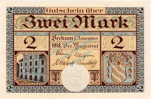 Beckum , Banknote 2 Mark Schein unc-kfr. Geiger 035.05.a , Westfalen 1918 Grossnotgeld