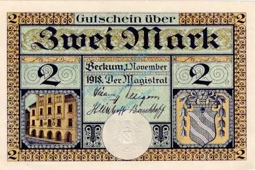 Beckum , Banknote 2 Mark Schein unc-kfr. Geiger 035.03 , Westfalen 1918 Grossnotgeld