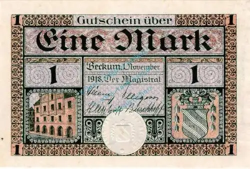 Beckum , Banknote 1 Mark Schein unc-kfr. Geiger 035.02 , Westfalen 1918 Grossnotgeld