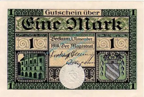 Beckum , Banknote 1 Mark Schein unc-kfr. Geiger 035.01.c-d , Westfalen 1918 Grossnotgeld