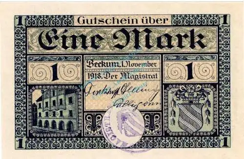 Beckum , Banknote 1 Mark Schein unc-kfr. Geiger 035.01.a , Westfalen 1918 Grossnotgeld