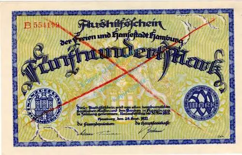 Hamburg , Banknote 500 Mark Schein unc-kfr. Müller 1975.2.a , Hamburg 1922 Inflation