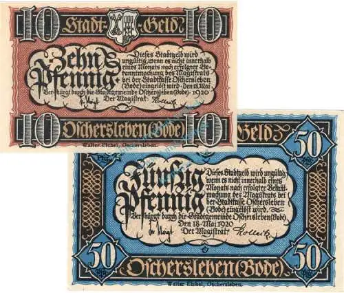 Oschersleben , Notgeld Set mit 2 Scheinen unc-kfr. M-G 1028.1 , Sachsen Anhalt 1920 Seriennotgeld