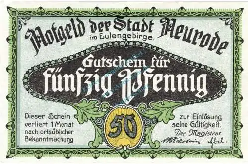 Neurode , Notgeld 50 Pfennig Schein Nr.1 unc-kfr. M-G 958.1 , Schlesien 1921 Seriennotgeld