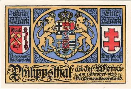 Philippsthal , Notgeld 1 Mark Schein Nr.2 unc-kfr. M-G 1058.1 , Hessen 1921 Seriennotgeld