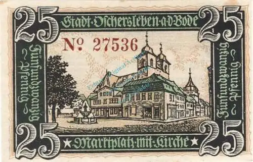 Oschersleben , Notgeld 25 Pfennig Schein KN-5 unc-kfr. M-G 1028.2.b , Sachsen Anhalt 1920 Seriennotgeld