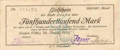 Laufen , Banknote 500.000 Mark Schein gbr. Keller 2946.a , Bayern 1923 Inflation